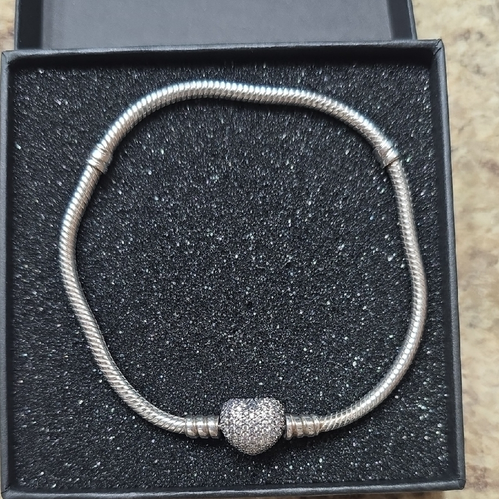 Pandora Sterling Silver Sparkling Heart And Snake Chain Bracelet
